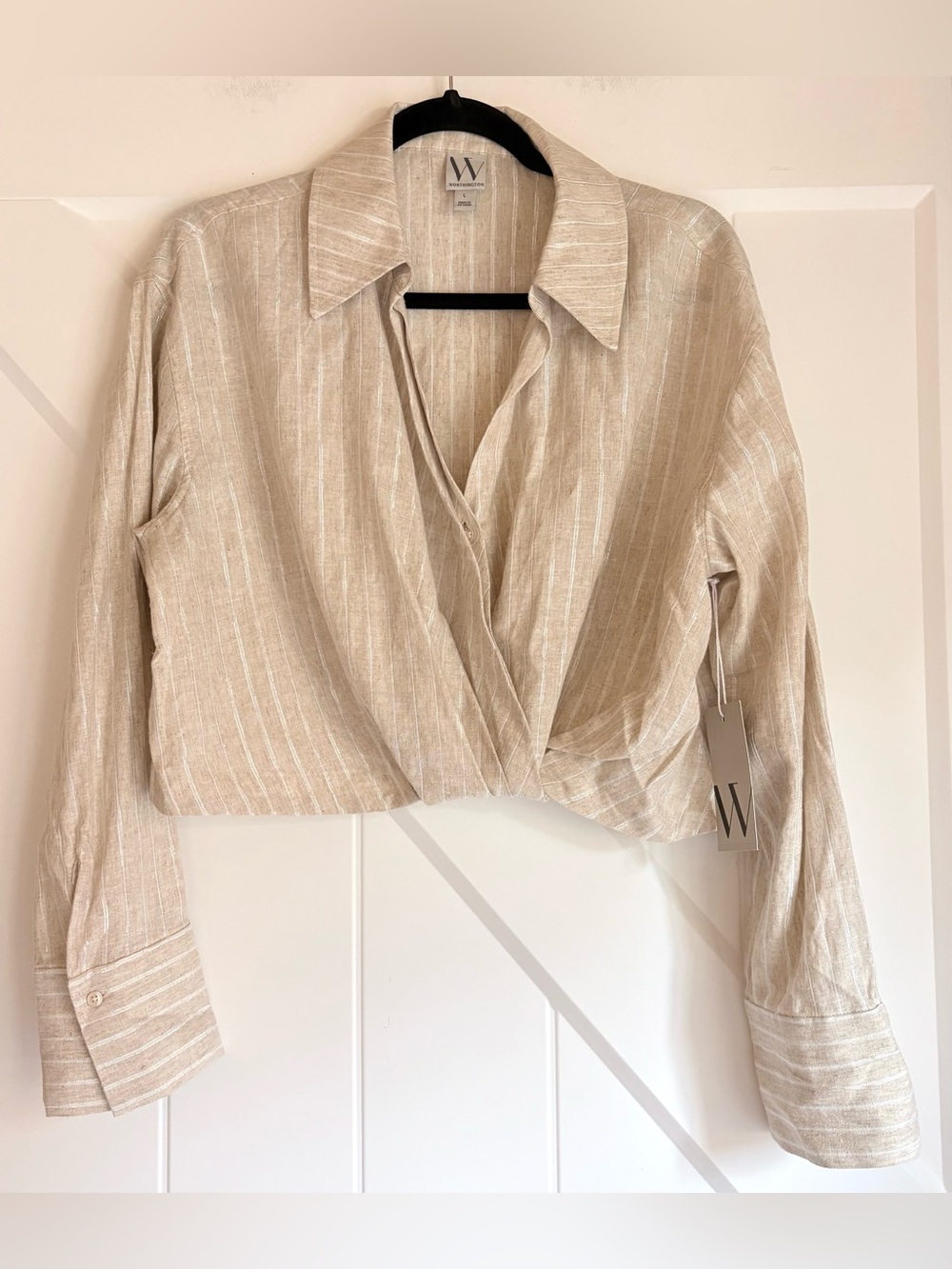 Worthington Linen Blend Wrap Crop Top L NWT Metallic Stripe